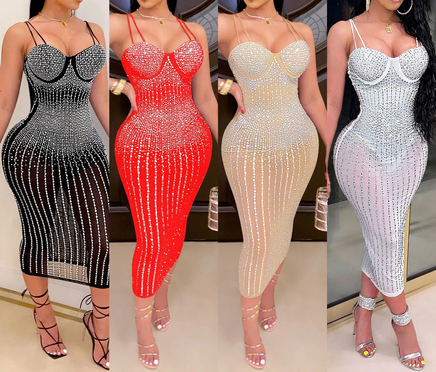 Women Diamonds Rhinestones Dress Fashion Mesh Luxury Evening Dresses Sexy Elegant Party Club Welcom Birthday Prom Dresses HXY612 - Seprincess