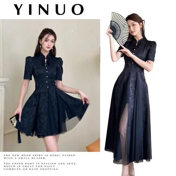 Women Fashionable New Cheongsam Black Advanced Mysterious Dress Qipao Improvement New Chinese Style Elegant Dress Summer - Seprincess