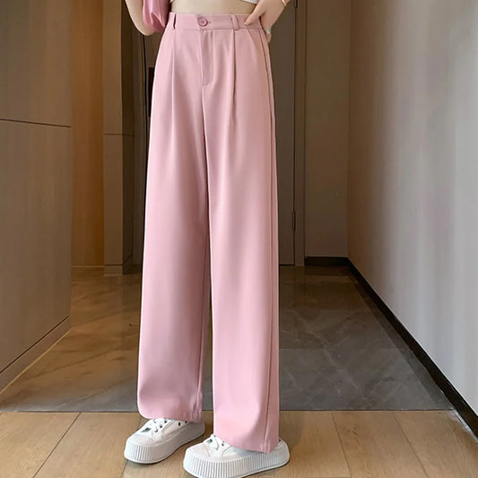 Women Summer Concise Office Daily Pants Lady Comfortable Baggy Wide Leg Straight Leg Trousers Female Casual High Waisted Slacks