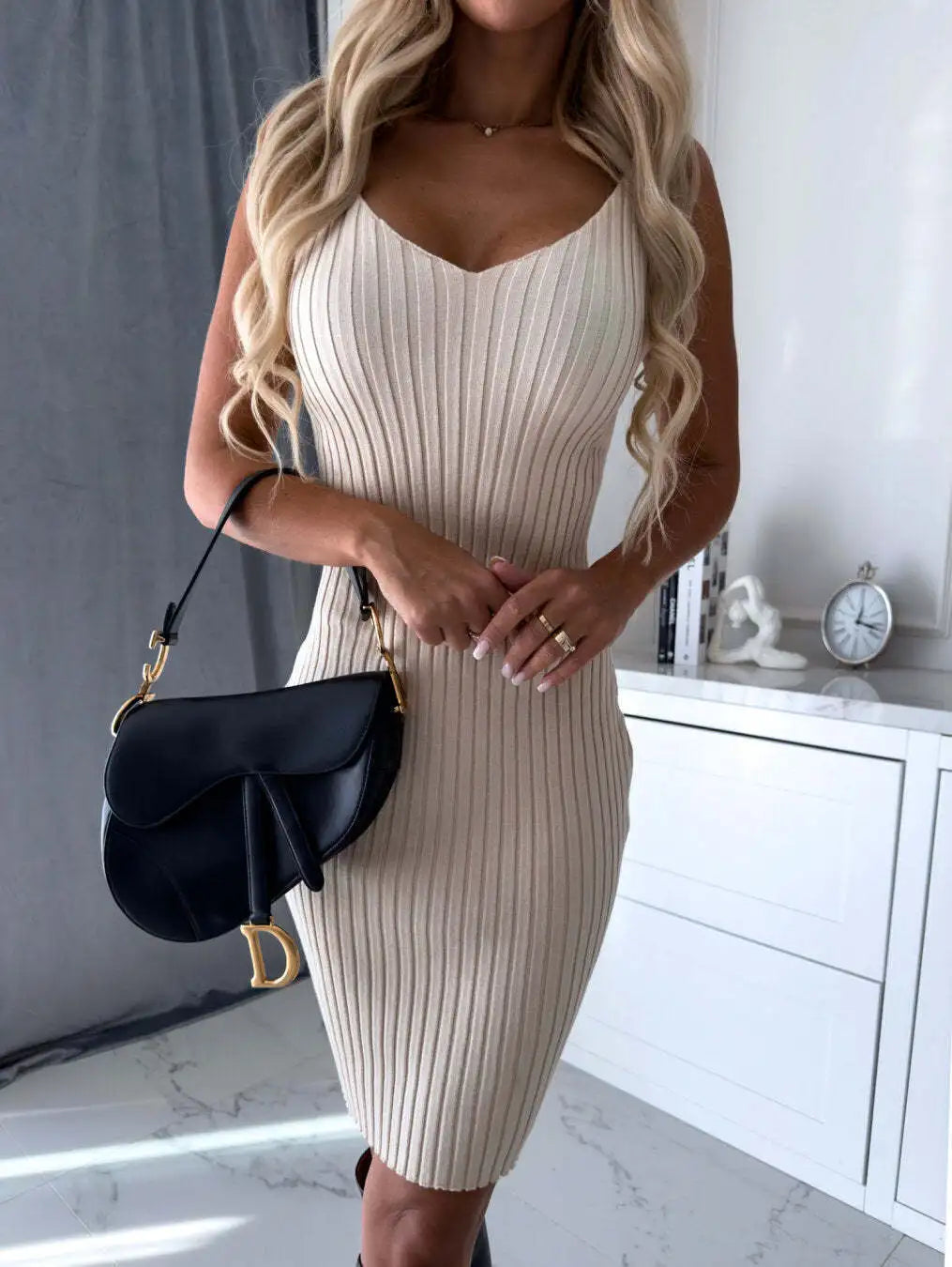 Chic Dress for Woman 2023 Winter Fashion Slim Fit Sexy Solid Two Piece Mid length Women Elegant Knitted Pit Stripe Dress Vestido - Seprincess