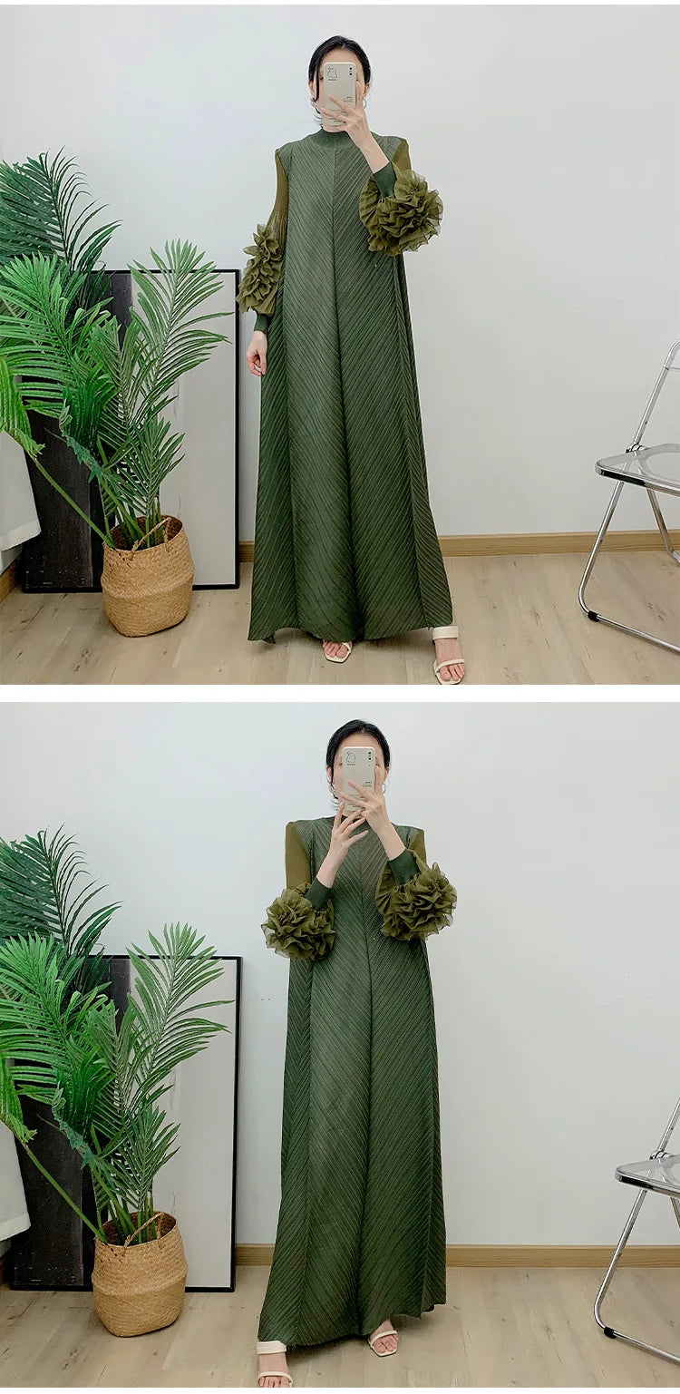 ANLAN Miyake Pleated Maxi Long Dress Mesh Petal Sleeve Half Turtleneck Formal Dresses for Women 2024 New Hot Sales 6KK9927