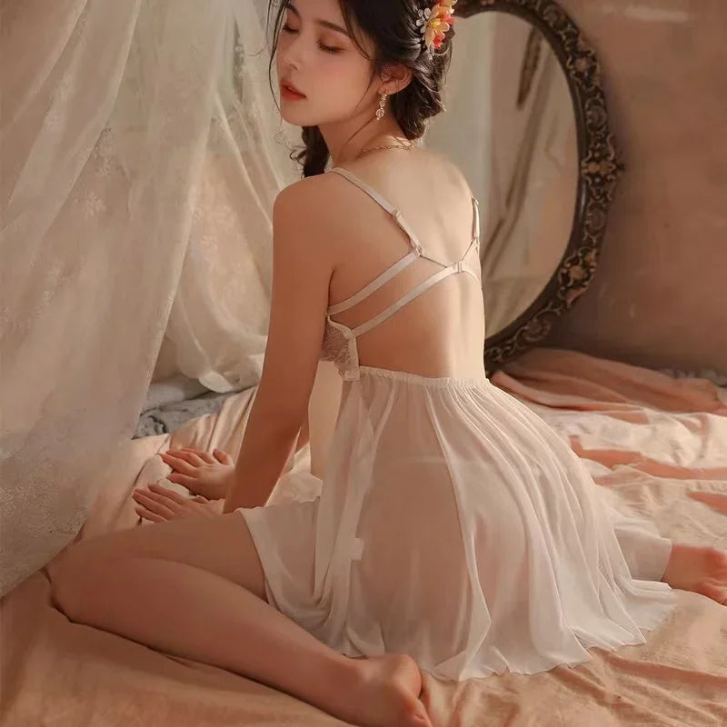 Sexy Honeymoon Girl Mesh Sling Nightdress Hollow Out Lace Emotional Lingerie Nightwear Female Temptation Nighties Sleeping Dress - Seprincess