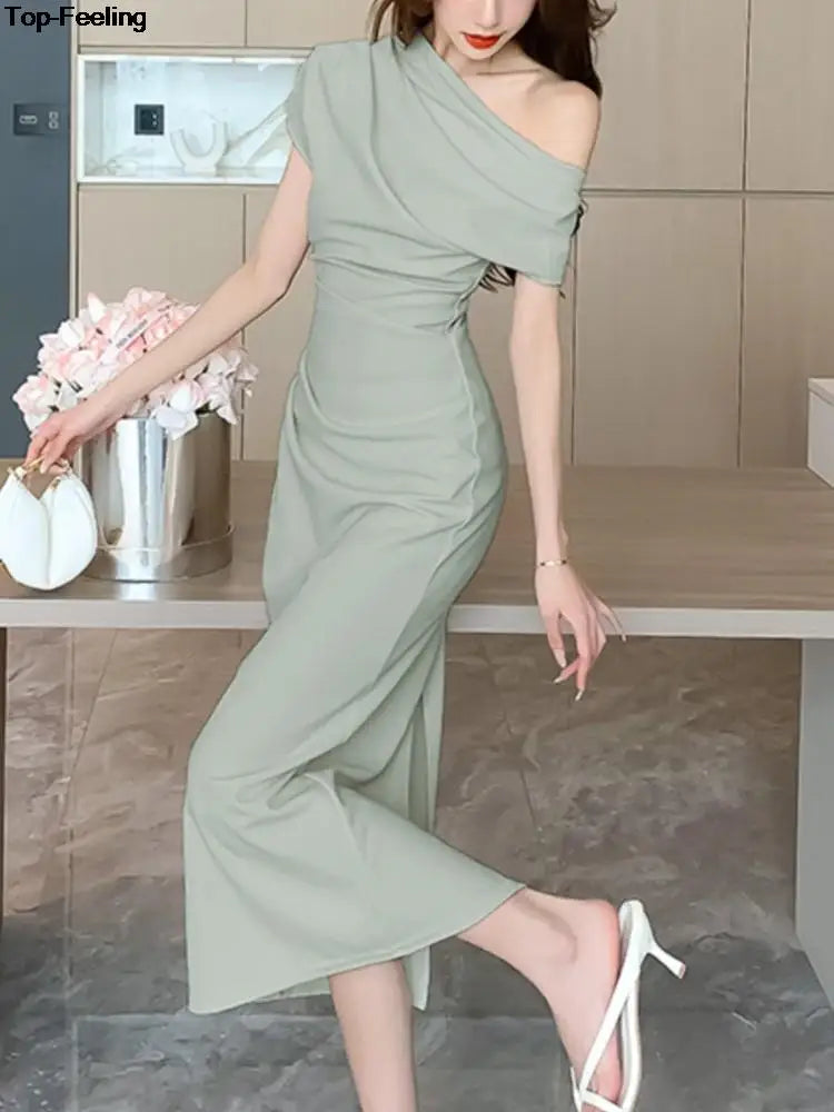 Elegant Off Shoulder Evening Party Dresses Women Summer Fashion Slim One Piece Solid Vestidos Korean Graduation Robe Clothing - Seprincess