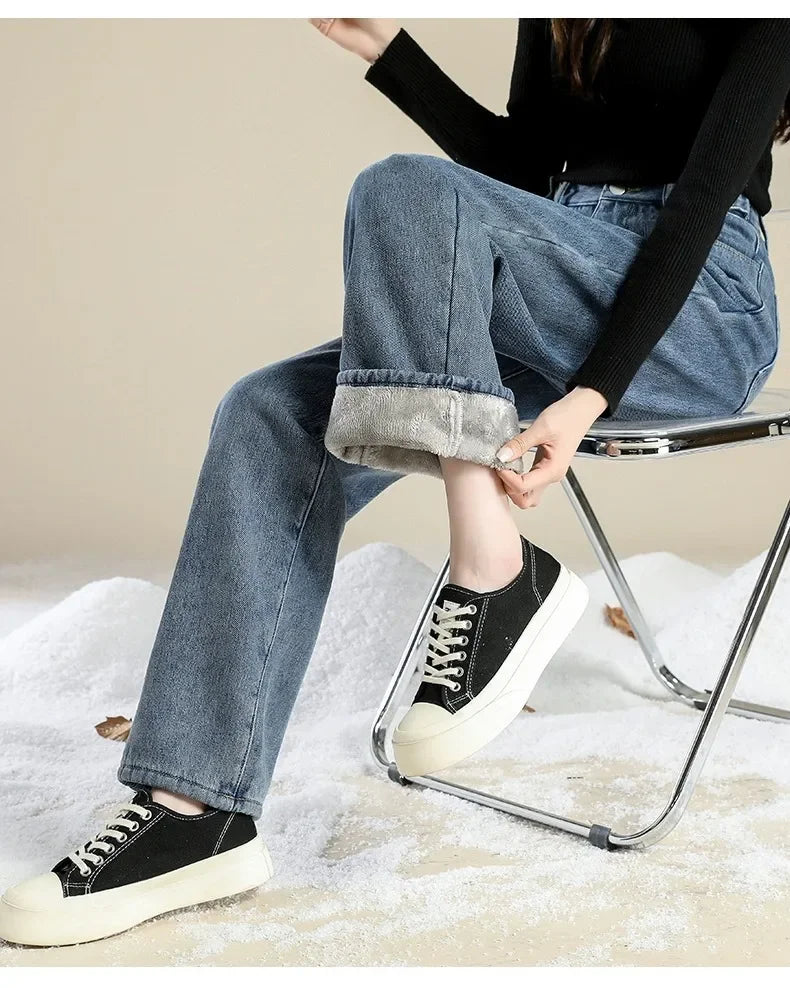 Autumn/winter Deep Color Wide-leg Fleece-lined Warm Jeans Women's Outerwear Slimming Loose-fit Straight-leg Model Pants