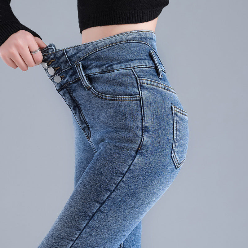 Women Thermal High Waist Jeans Winter Snow Warm Plush Stretch Jeans Lady Skinny Thicken Students Denim Pants Fleece Fur Trousers