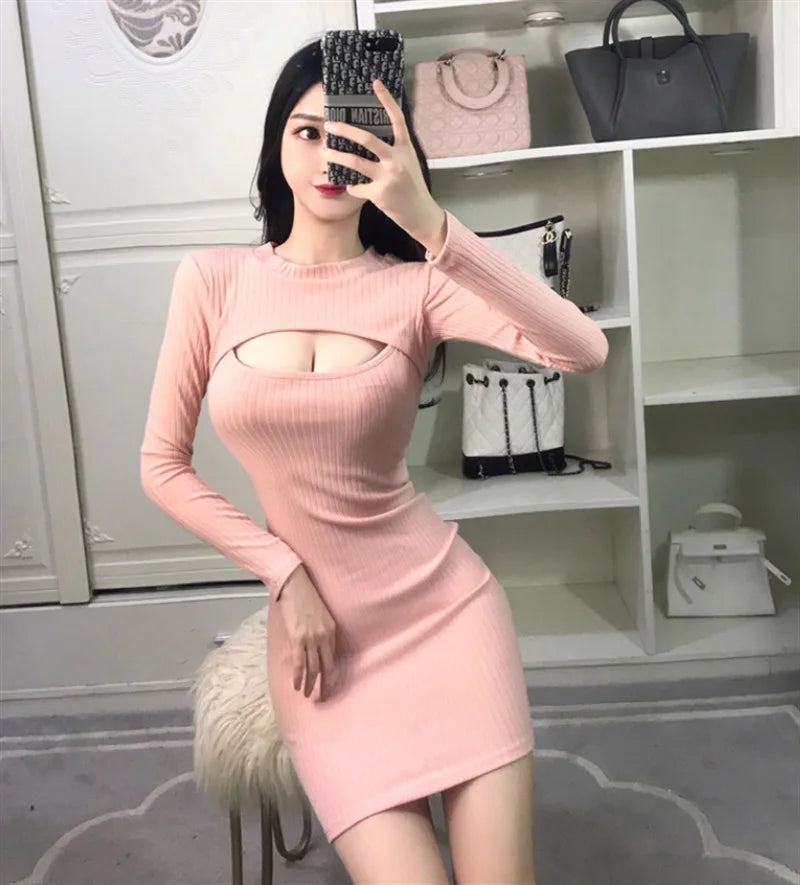 Sexy Spicy Girl Hollow Long Sleeved Dress For Women's Spring New Slim Fit Show Chest Show Weight Versatile Wrapped Hip Short FXI - Seprincess