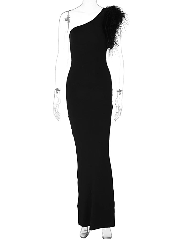 Dulzura Black Sleeveless One Shoulder Feather Maxi Dress For Women Bodycon Sexy Party Elegant Long Dress Birthday Evening Outfit - Seprincess