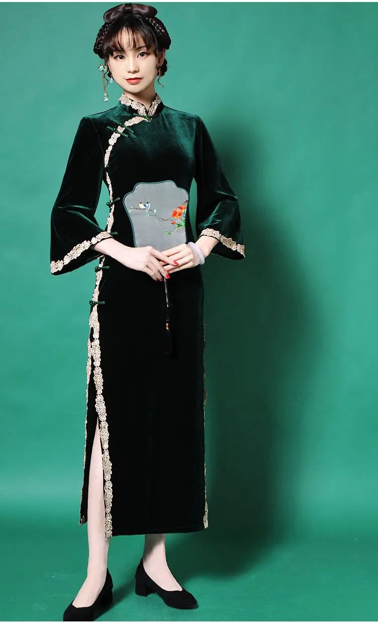 Cheongsam Chinese Traditional Dress Solud Color New Autumn Winter Long Temperament Flare Sleeve Velvet Improved Green Qipao 2024 - Seprincess