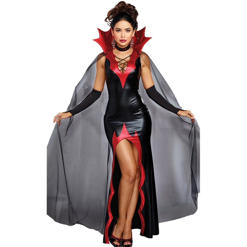 Halloween Cloak Women Witch Dress Patent Leather Prom Magic Vampire Female Demon Cosplay Costumes Role Playing Costume - Seprincess