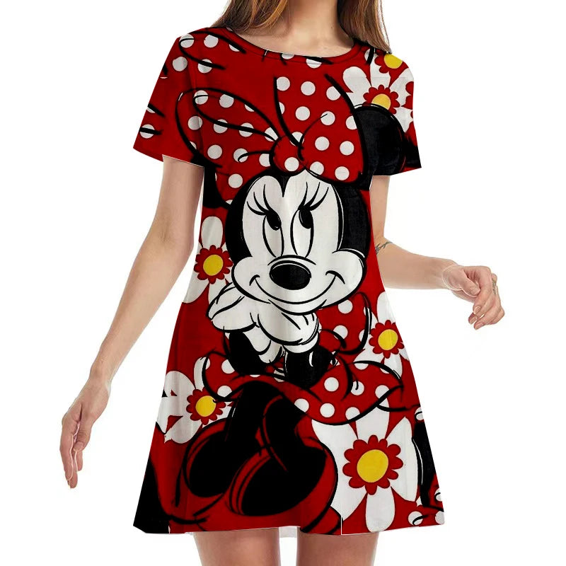 New Disney Minnie Mouse Anime Print Summer 2022 Ladies Sexy Round Neck Boho Beach Dress Ruffle Short Sleeve Mini Dress Y2K - Seprincess