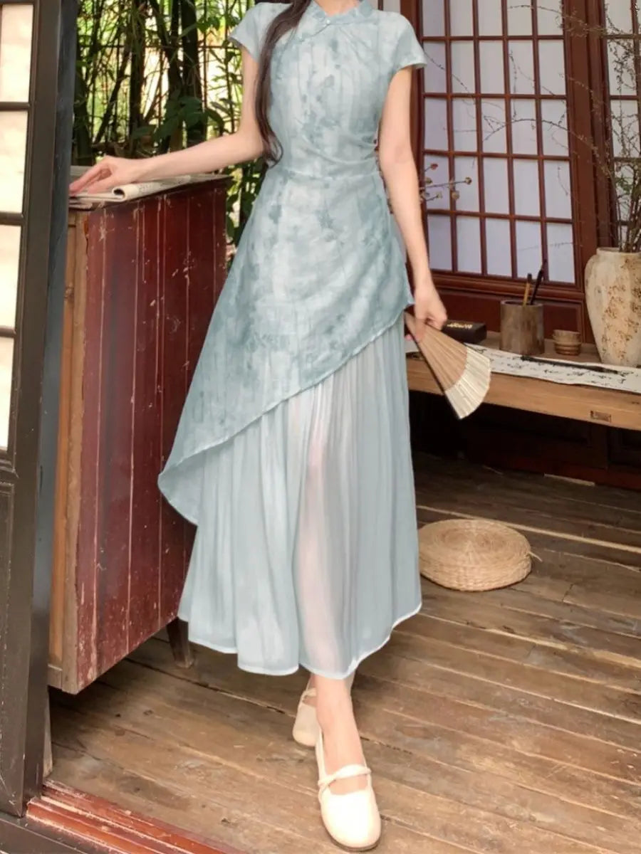 Summer Dress Short Sleeved Dreen Women's Cheongsam Qipao Traditional Improved Slim A-line Long Dress Irregular High-end Elegant - Seprincess