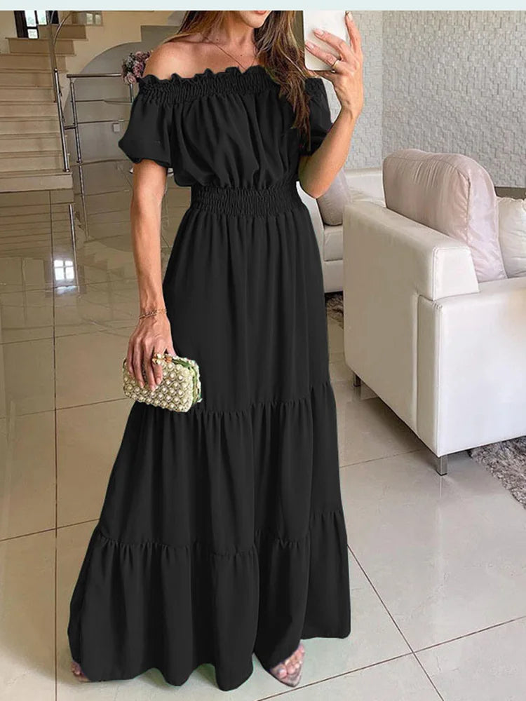 2024 Summer Solid Boho Dress Women Fashion Elegant Beach Party Dress Casual Slash Neck Office Maxi Dresses For Woman Robe Femme - Seprincess