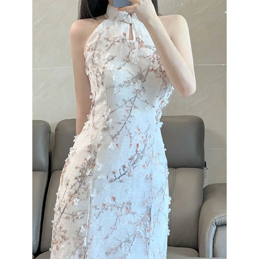 Improved Chinese-style Qipao Sleeveless Halter Neck Cheongsam Dress Slim Bodycon Elegant Sexy Summer Wear Party Performance - Seprincess