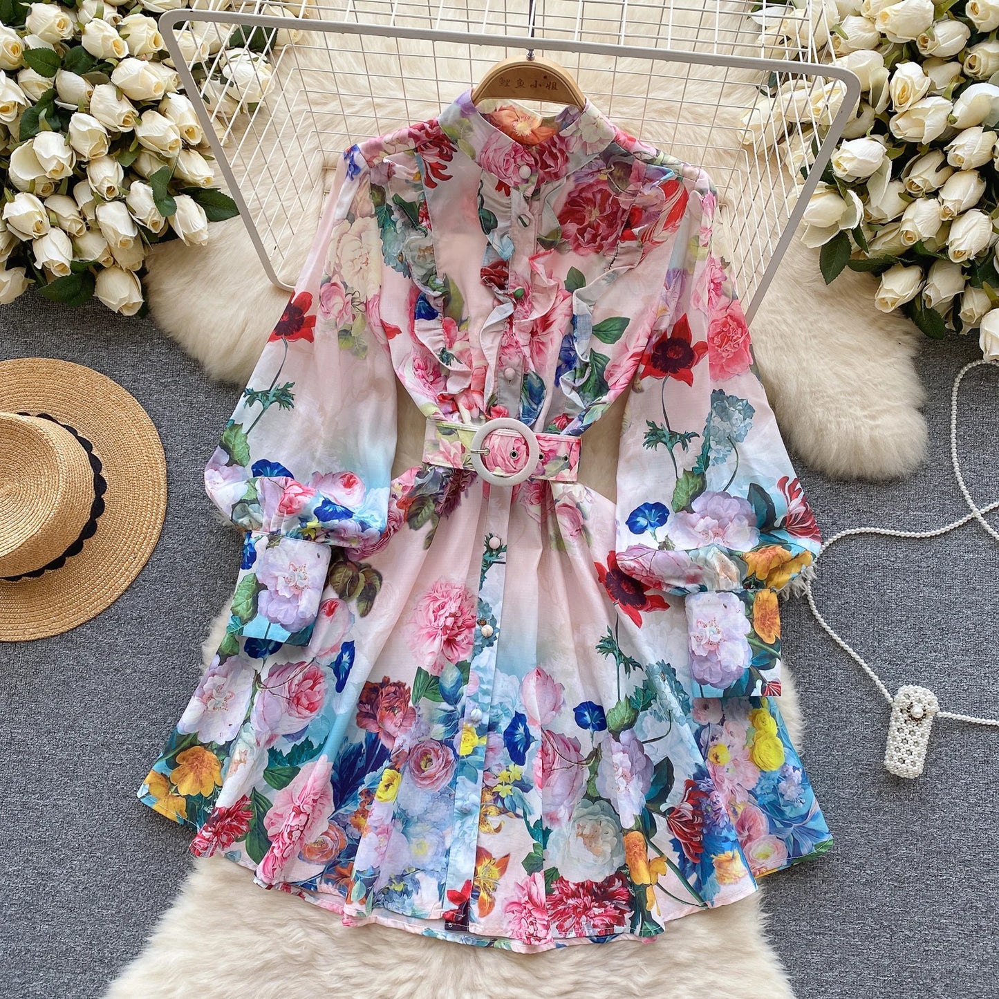 Print Belt Lantern Long Sleeve Patchwork Single Breasted Dress A-line Casual Women Fashion Autumn Spring Vestidos Short Dress