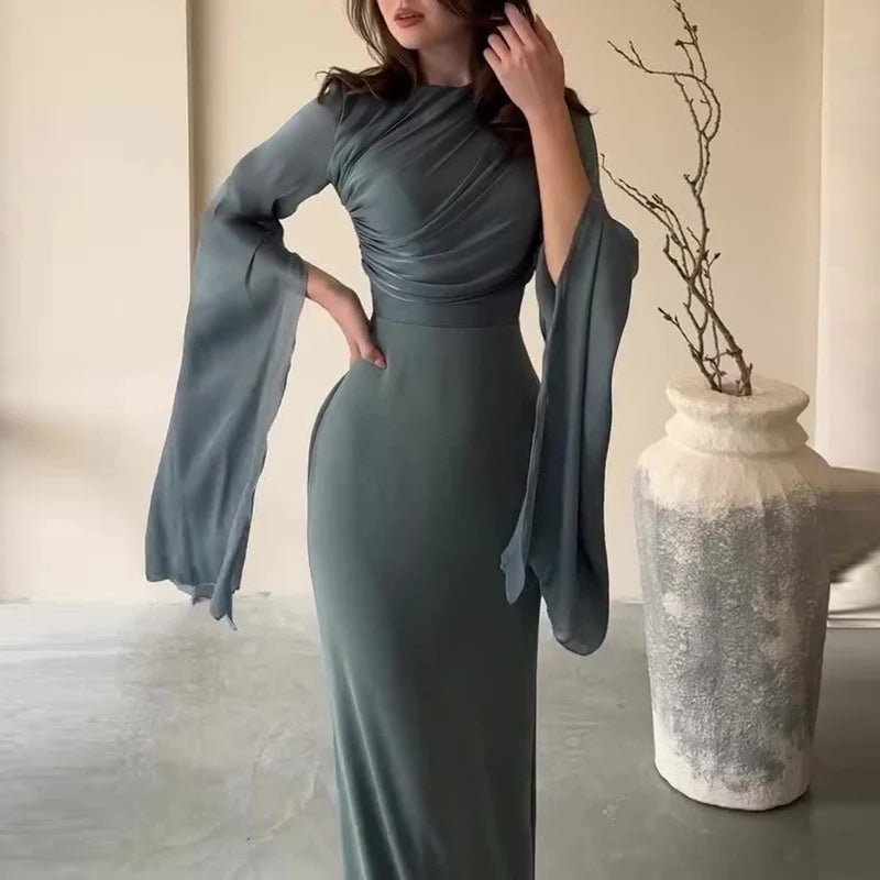 Fashion Satin Solid Robe Dress Ladies Temperament O-neck Slim Evening Dress Elegant Batwing Sleeves High Waist Pleats Long Dress - Seprincess