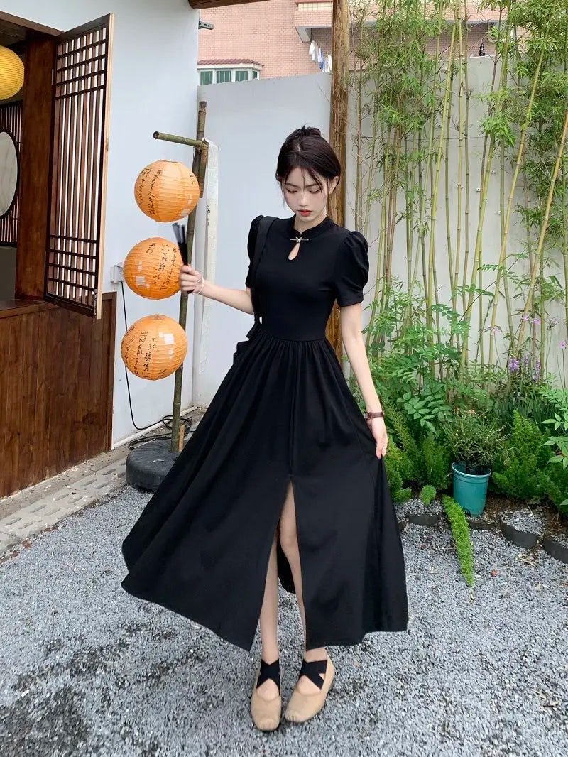 New Chinese Style Improved Cheongsam Dress New Summer Qipao Temperament Black Large Swing Split Midi Qi Pao Dress Woman - Seprincess