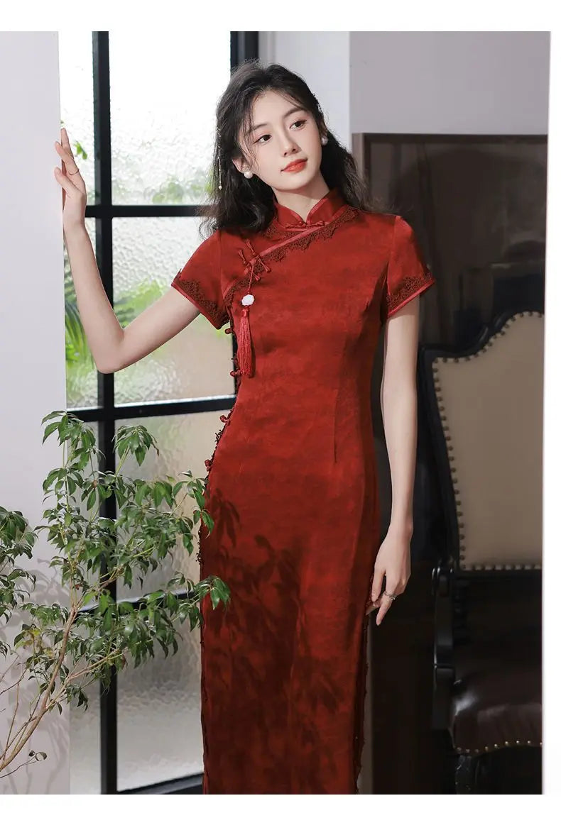 Wine Red Qipao Cheongsam 2023 Chinese Dress Women Classic Mandarin Collar Bridal  Evening Party Gown Young Girls Long Dress - Seprincess