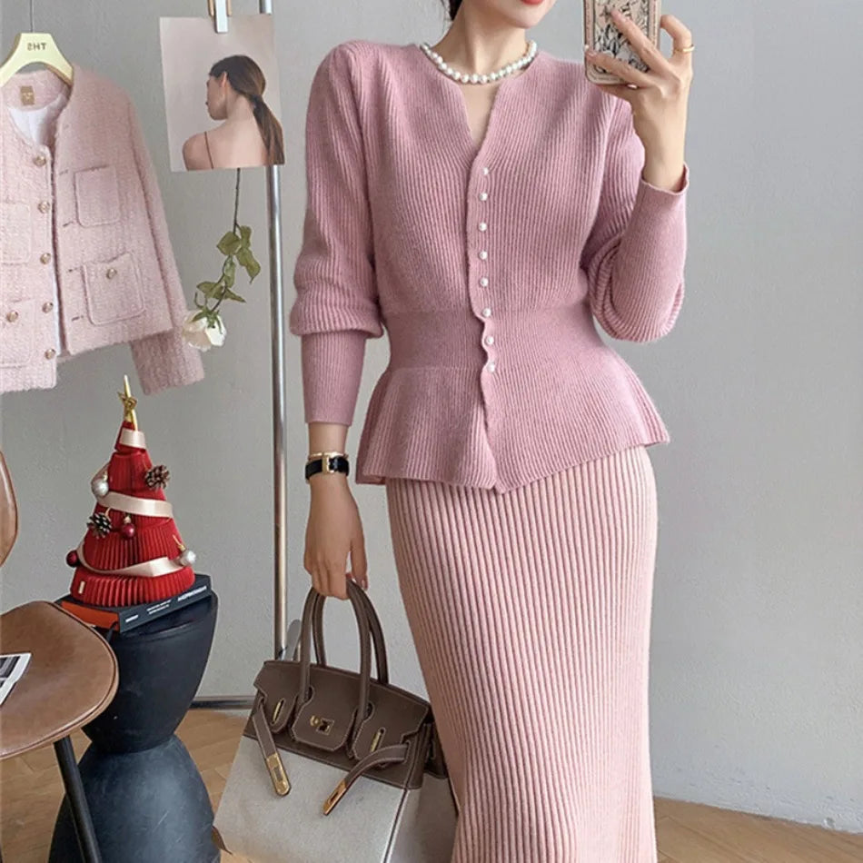 New Autumn Winter Dress Two Piece Sets Womens Outifits Korean Fashion Elegant Women's Cardigan Long Skirt Sets Female Clothing - Seprincess