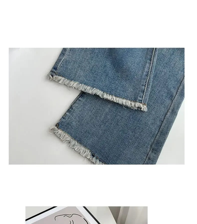 Summer New Fringe Jeans Women's Student High-waisted Elastic Slimming Bootcut Pants Vintage Thin Bell-bottom Pantsins