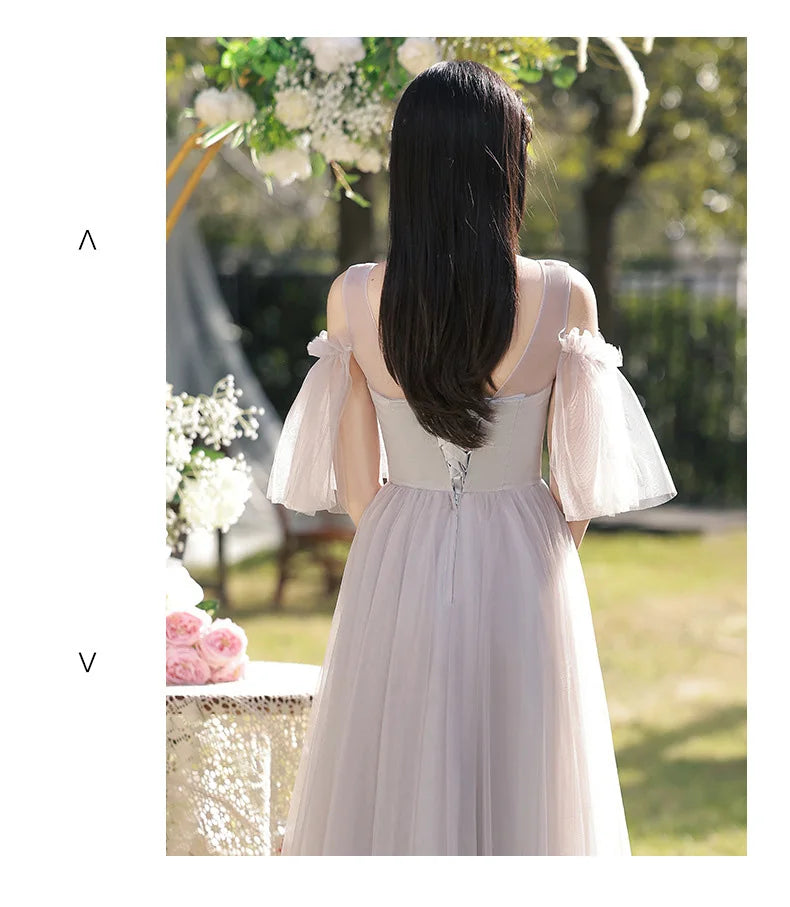 Temperament Grey Bridesmaid Dress Long Wedding Sisters Group Gown Elegant Applique Tulle Off Shoulder Banquet Party Vestido