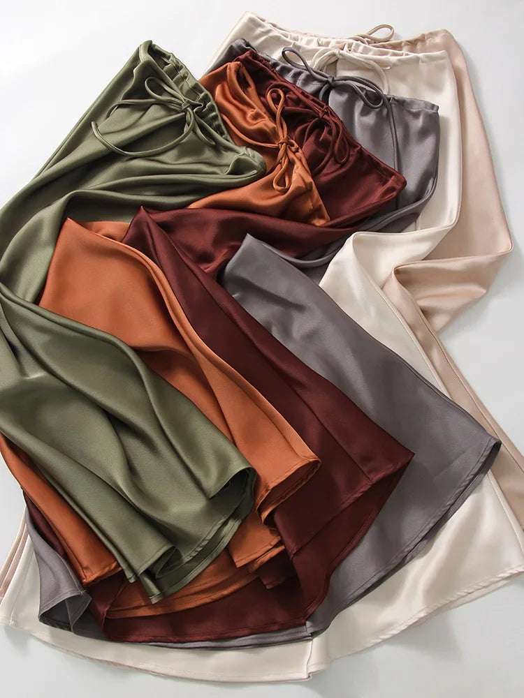 Long Black Satin Skirts For Women 2024 Autumn Winter Maxi Brown Burgundy Skirts Ladies Green Lace Up Women Satin Silk Skirt