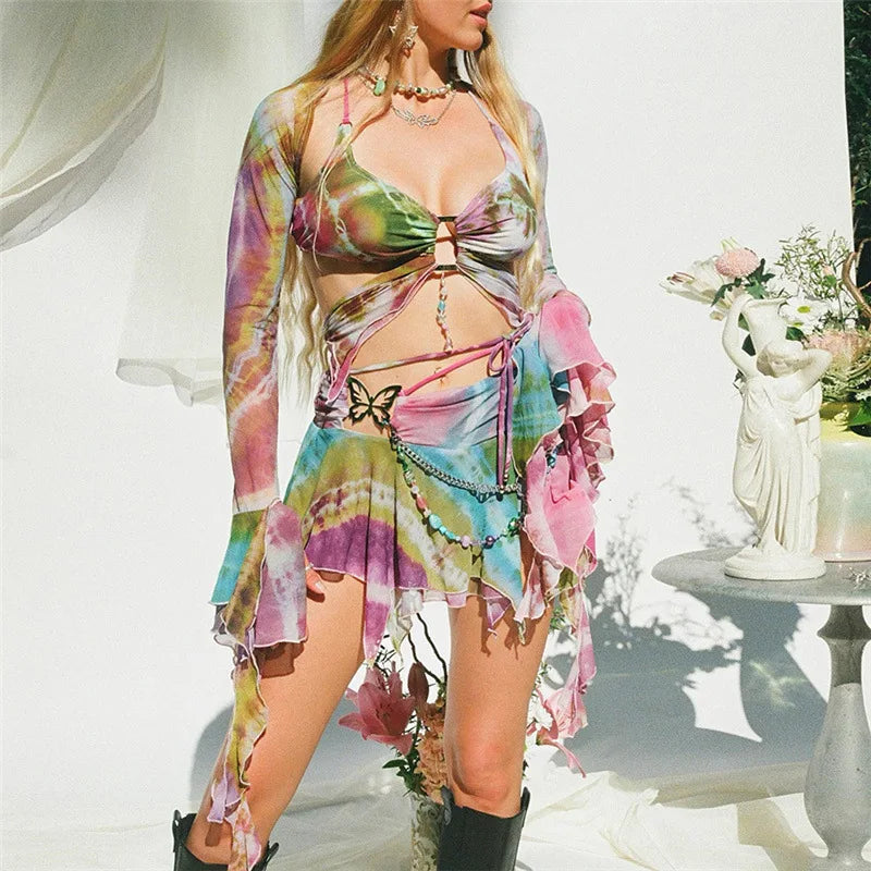 Women Y2k Ruffle Butterfly 2 Piece Outfit Sexy Fairy Backless Crop Top Wrap Mini Skirt Set Rave Festival Matching Set - Seprincess