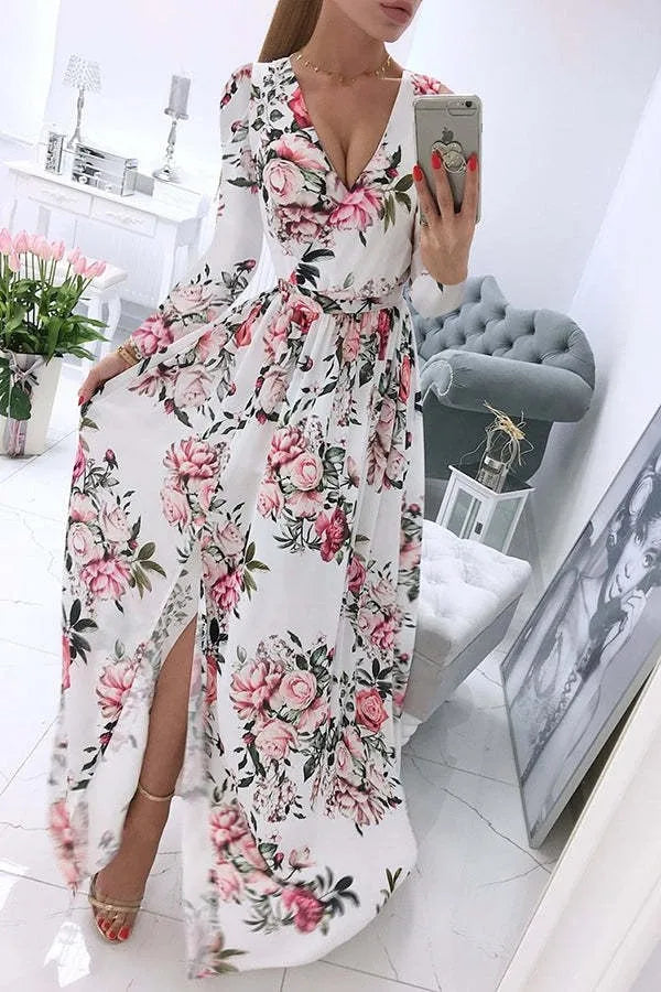 Amazon eBay Cross border 2024 Summer Chiffon Printed Long Dress V-neck Dress Long Sleeve Split Dress Women - Seprincess