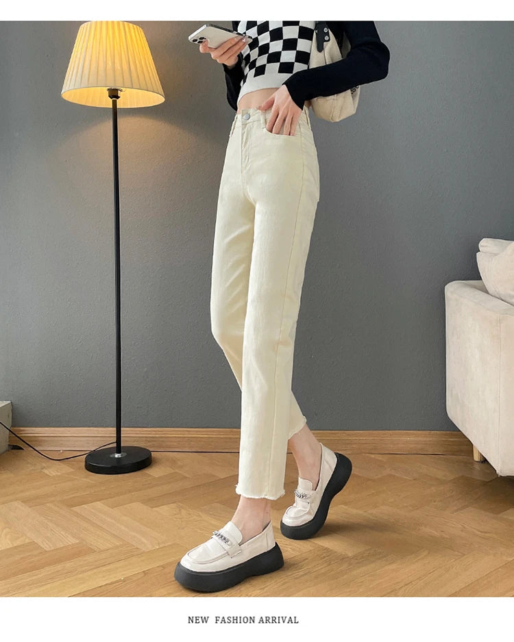 Rarely Hem Pants Spring High Waist Elastic Straight Barrel Jeans Women's Small Smoke Pipe