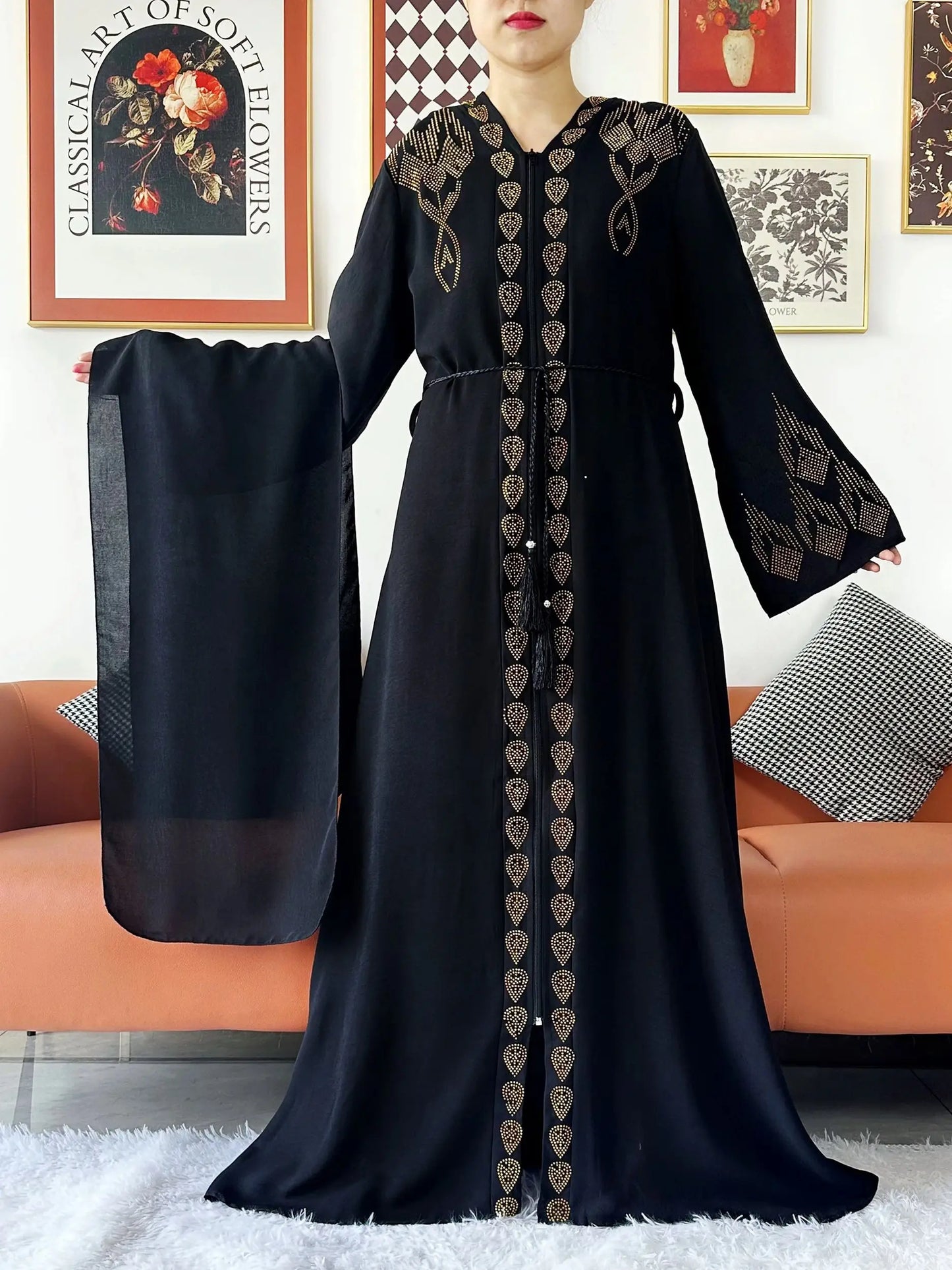 New Women Elegant Dress Chiffon Open Abaya with Zipper Muslim Women Dress Islamic Clothing Cardigan Abaya Women Muslim Dress