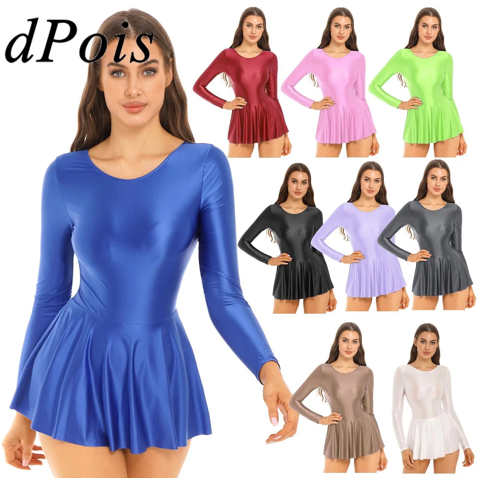 Mini Dress for Womens Glossy Long Sleeve Ruffled Dress for Sports Ballet Dance Party Clubbing Dresses Femme Gymnastics Leotard - Seprincess