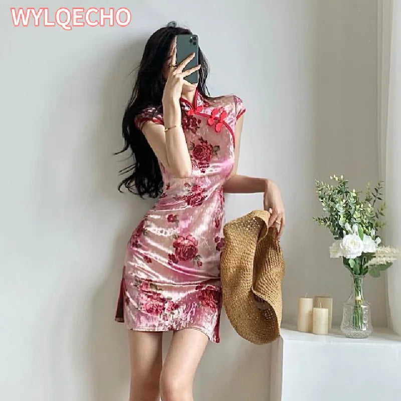 Chinese Dress Pink Sexy Qipao Dresses Cheongsam Dress Velvet Retro Printed Cheongsams Mini Qipao China Dress Robe Chinoise - Seprincess