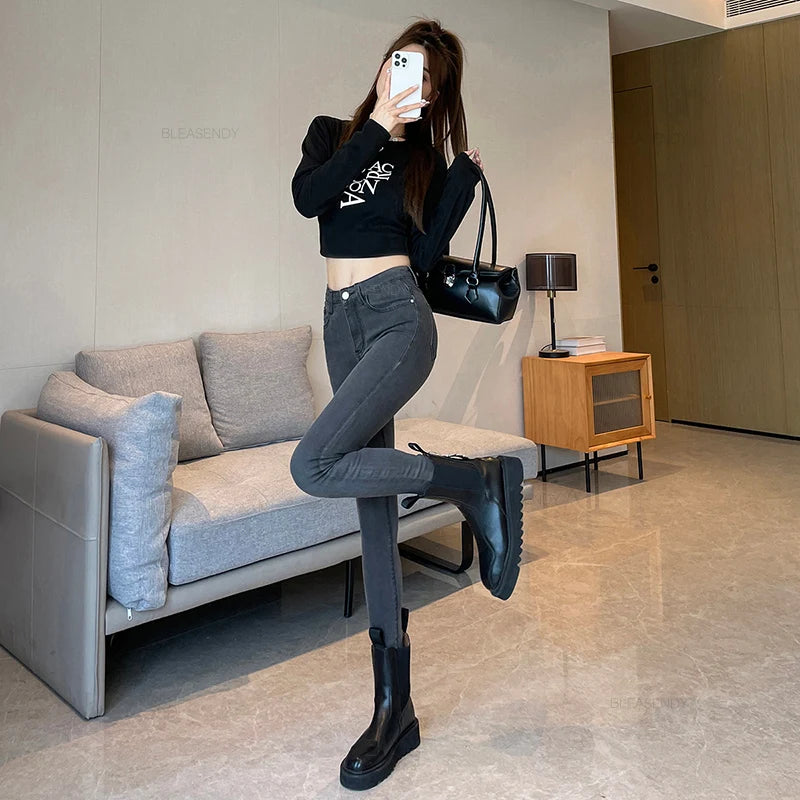 Skinny Jeans Women's Elastic High Waist Slim Fashion Korean Pencil Pants Spring New Leggings Black Gray Light Blue