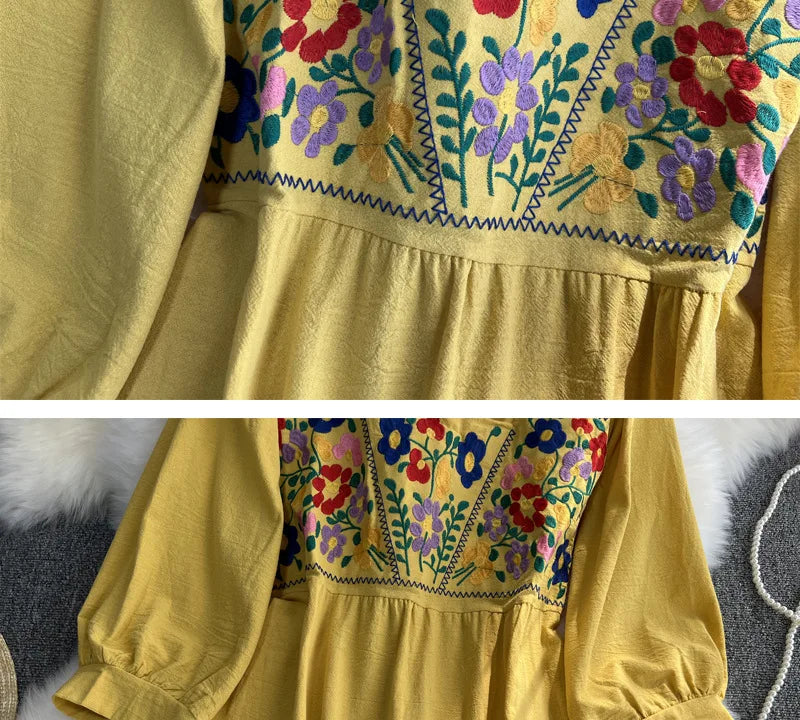 Spring/Summer Women's Travel Vacation Vintage Long Dress Bohemian Ethnic Style Embroidered Waist Tie up Cotton and Linen Dress ? - Seprincess