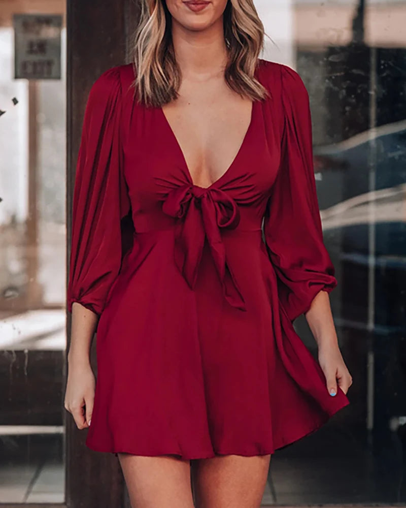 2022 New Women's Mini Satin Puff Sleeve Plunge Tie Front Dress Solid Bow Spring Summer Party Casual Chic Sexy V Neck Dress femme - Seprincess