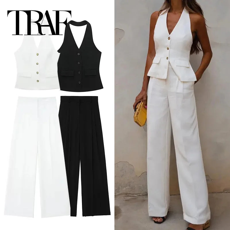 TRAF Pants Sets For Women 2 Pieces Off Shoulder Sleeveless Vest Woman Outfit Fashion Wide Leg Pants Elegant Casual Women's Set - Seprincess