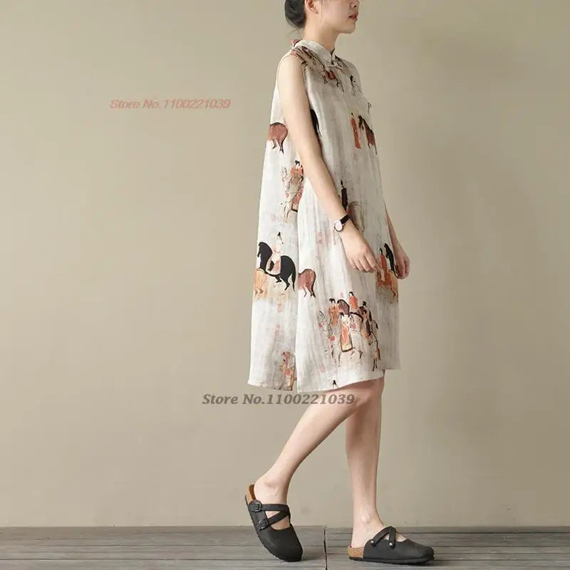 2024 chinese sleeveless dress vintage cheongsam dress national print cotton linen qipao chinese traditional dress a-line qipao - Seprincess