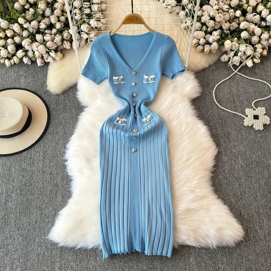 Elegant Knitted Long Dress Women Summer V Neck Single Breatsed Short Sleelve Bodycon Dresses Fashion Party Office Lady Vestidos - Seprincess