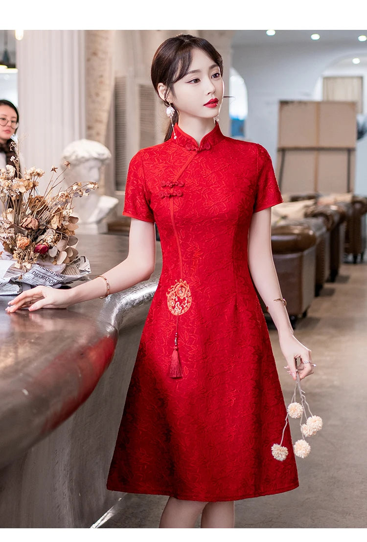 Chinese Traditional Retro Red Modern Improved Cheongsam Summer New Short Sleeve Engagement Qipao Dress - Seprincess