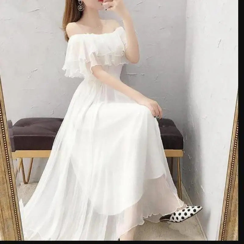 Women's Summer Beach Style Chiffon White Long Dress Lady Graceful Fairy Layers Ruffles Off-Shoulder Dresses Evening Party Gown - Seprincess