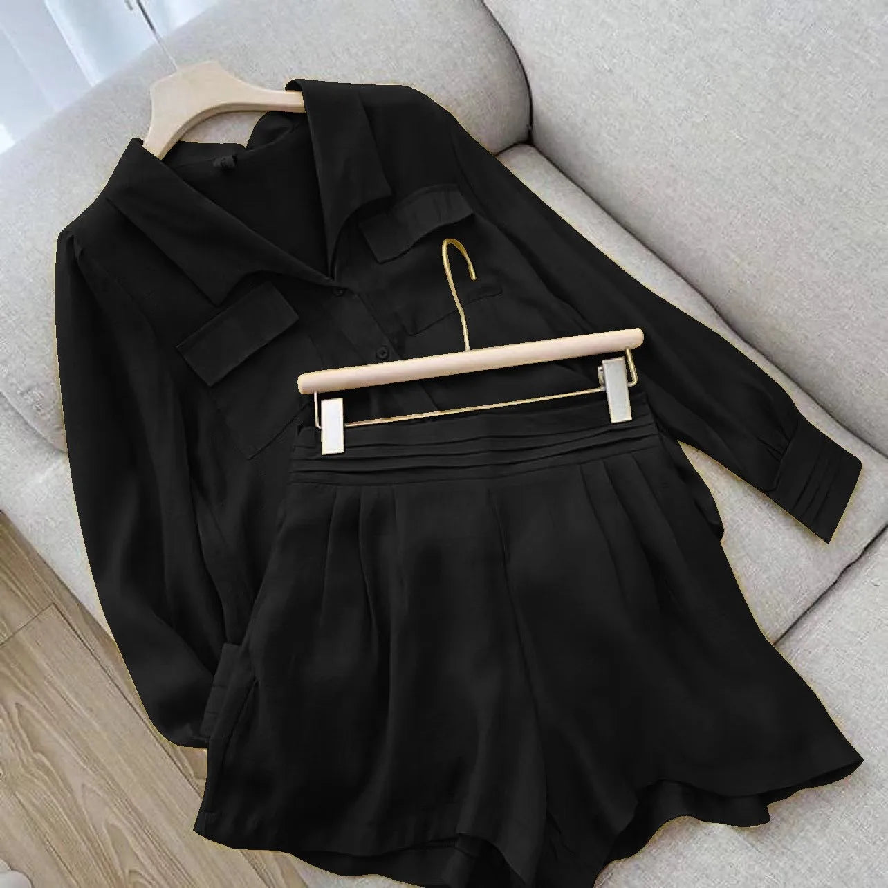 Spring Shirt Two Piece Set For Women Summer Shorts 2 Piece Sets Suits Solid Color Long Sleeve Shirt Short Casual Outfits Female - Seprincess