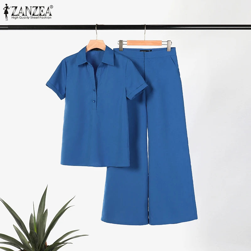 ZANZEA Summer Women Matching Sets OL Work Outfits Causal Short Sleeve Shirt Loose Wide Leg Pants Fashion Suit Urban Tracksuits - Seprincess