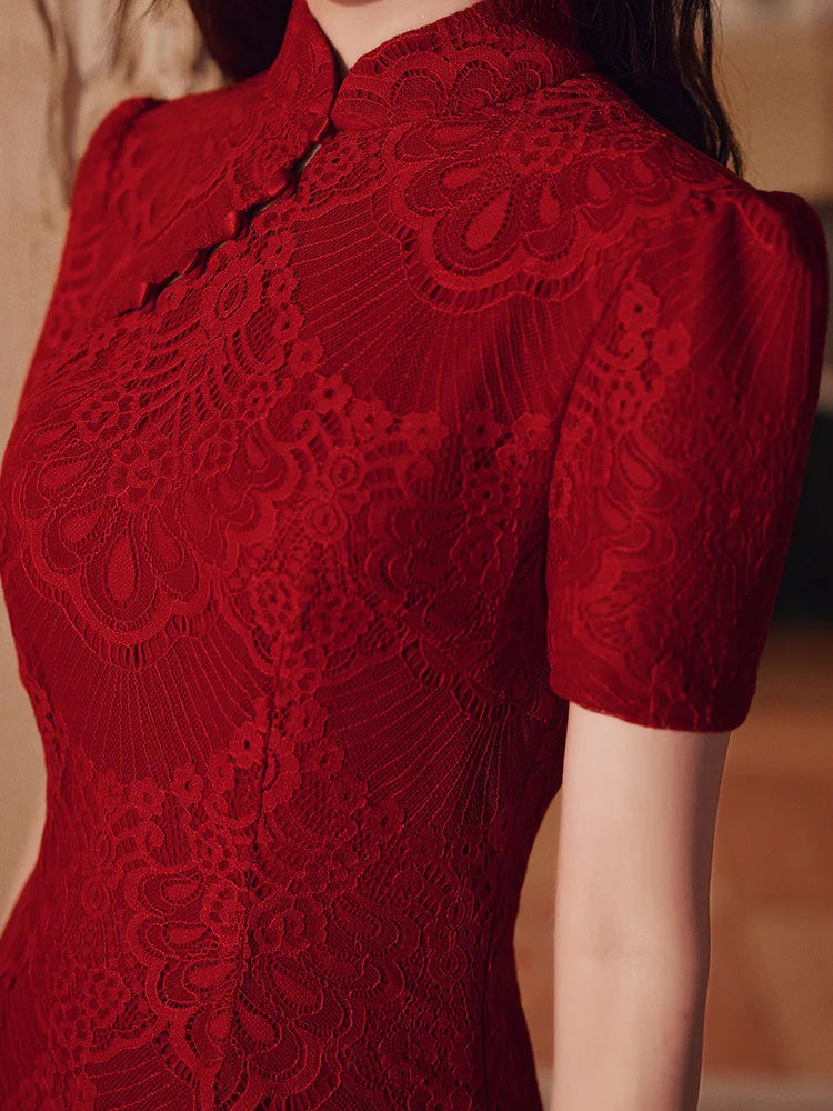 Chinese Style Red Lace Short Sleeve Cheongsam Slim Dress Elegant Traditional Evening Dresses Qipao - Seprincess