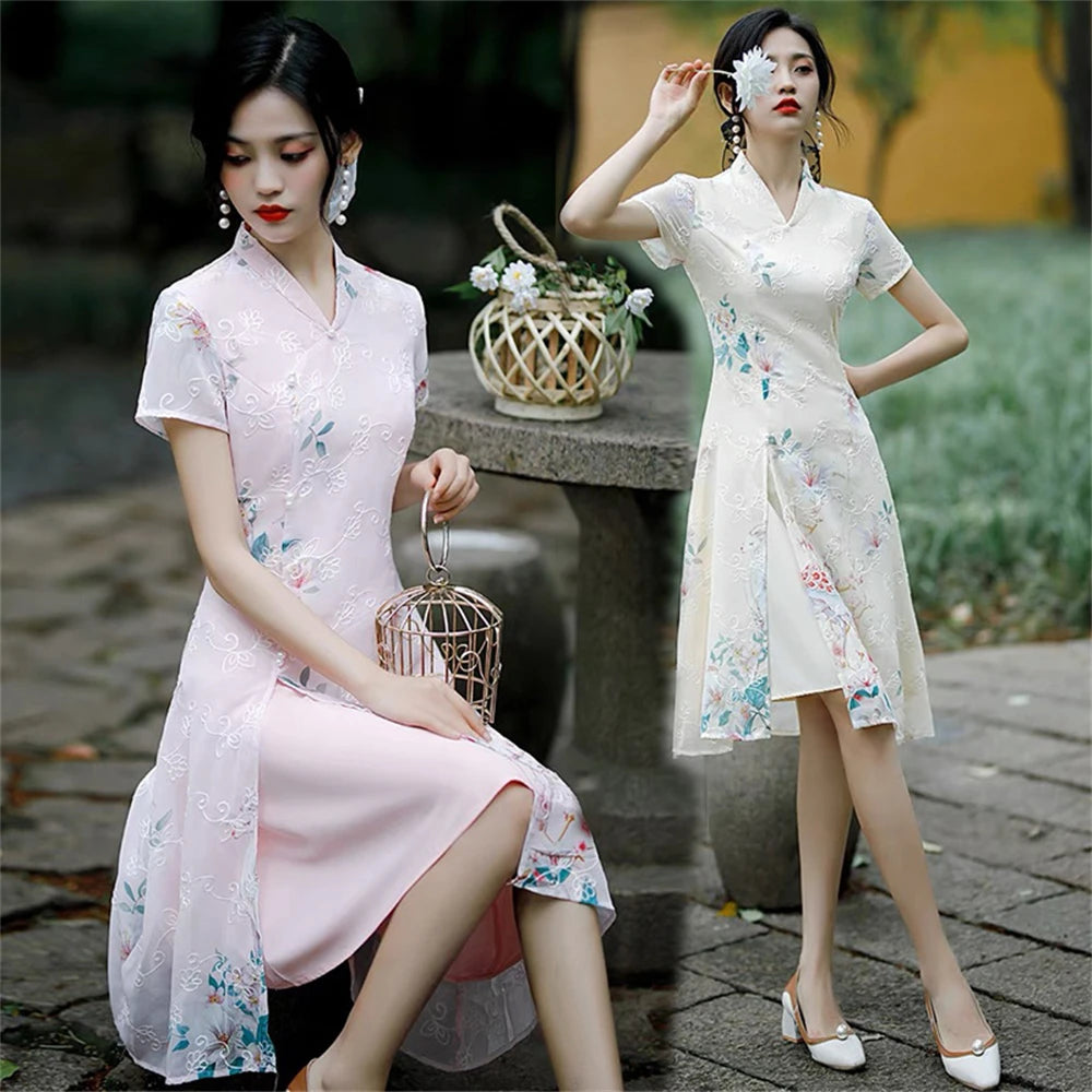 Summer Short-sleeved Improved Qipao Dress for Women Young Girl Daily Mid-length Slim Aodai Cheongsam Chinese Traditional Vestido - Seprincess