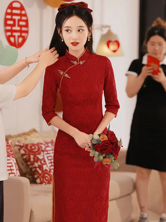 Red Chinese Women Dress Vintage Long Sleeve Qipao Sexy Long Elegant Cheongsam For Wedding Party Dress Size S-2XL - Seprincess