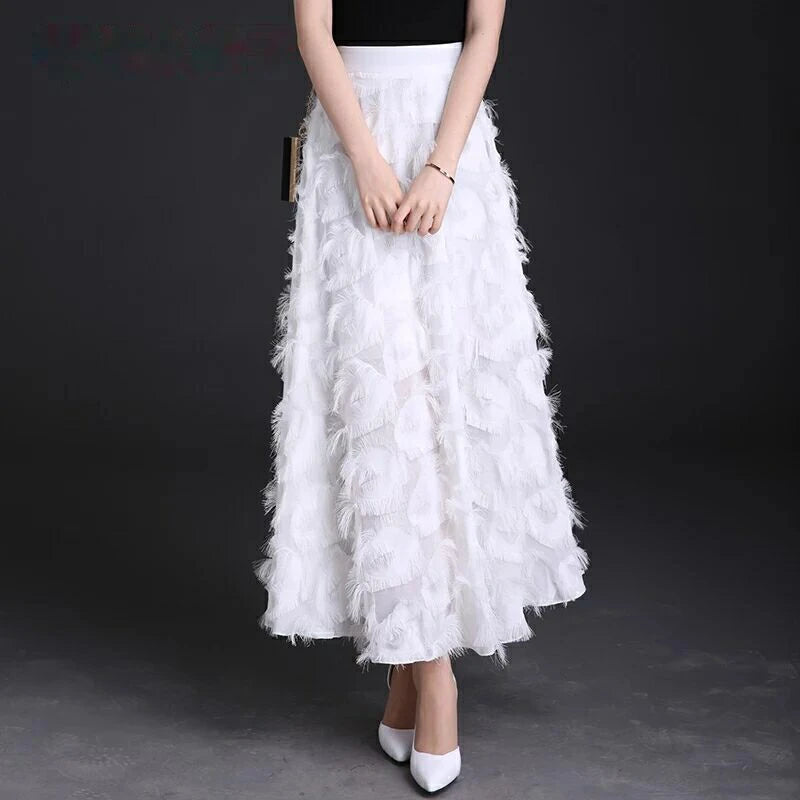 Spring Summer and Autumn New Chiffon High Waisted and Versatile A-line Skirt With Fluffy Tassels Ladies and Girls Black - Seprincess