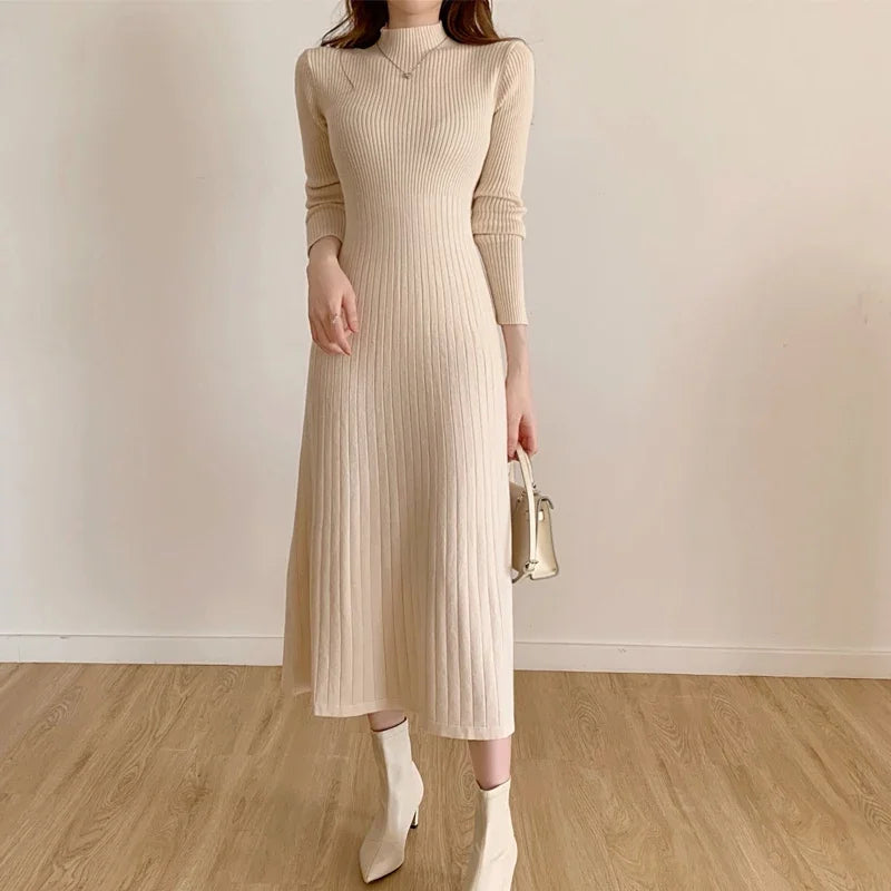 Autumn Winter 2024 Slim Long Sleeve Party Midi Dress for Women Knitted Half High Collar Elegant Knitted Sweater Dresses Ladies - Seprincess