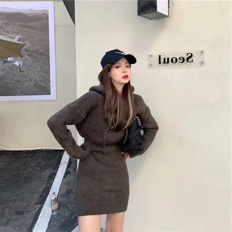 MEXZT Streetwear Knitted Mini Dress Women Hooded Sweater A Line Dresses Winter Korean Solid High Waist Slim Casual Vestidos New - Seprincess