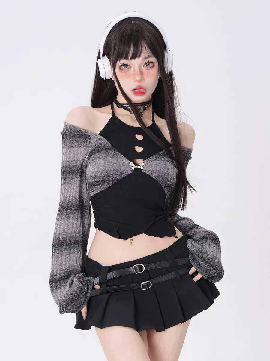 2024 Spring Autumn Two Pieces Skirt Set Women Y2k Crop Tops T-shirt + Short Skirt Japanese Kawaii Fashion Suits Chic New Korean - Seprincess