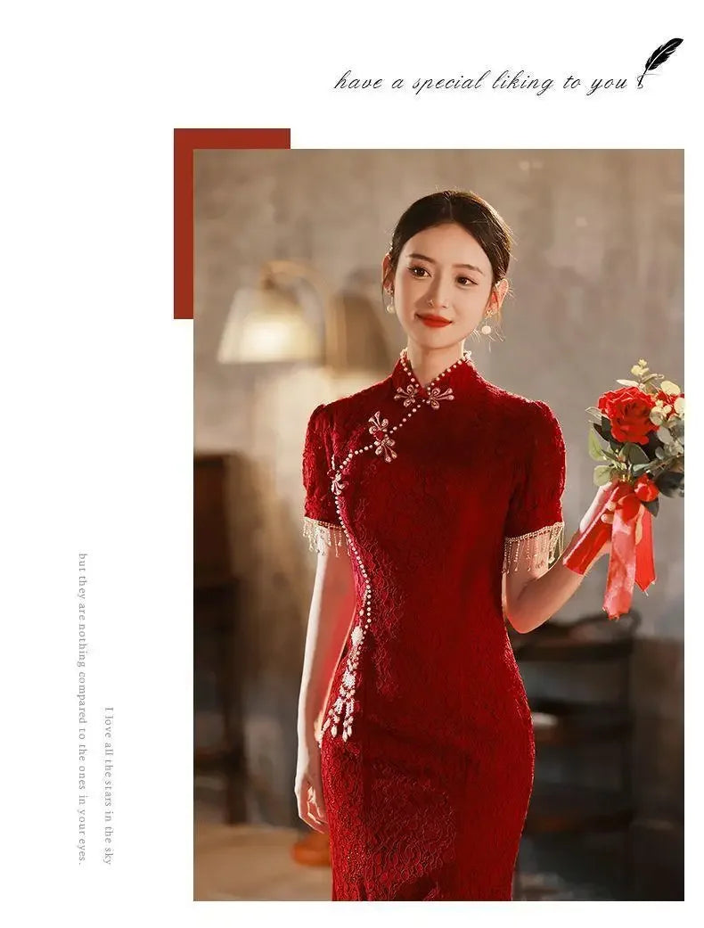 Mermaid Chinese Traditional Dress Red Wedding Bride Toast Clothing Sexy Ladies Cheongsam for Evening Party Woman Vintage Qipao - Seprincess