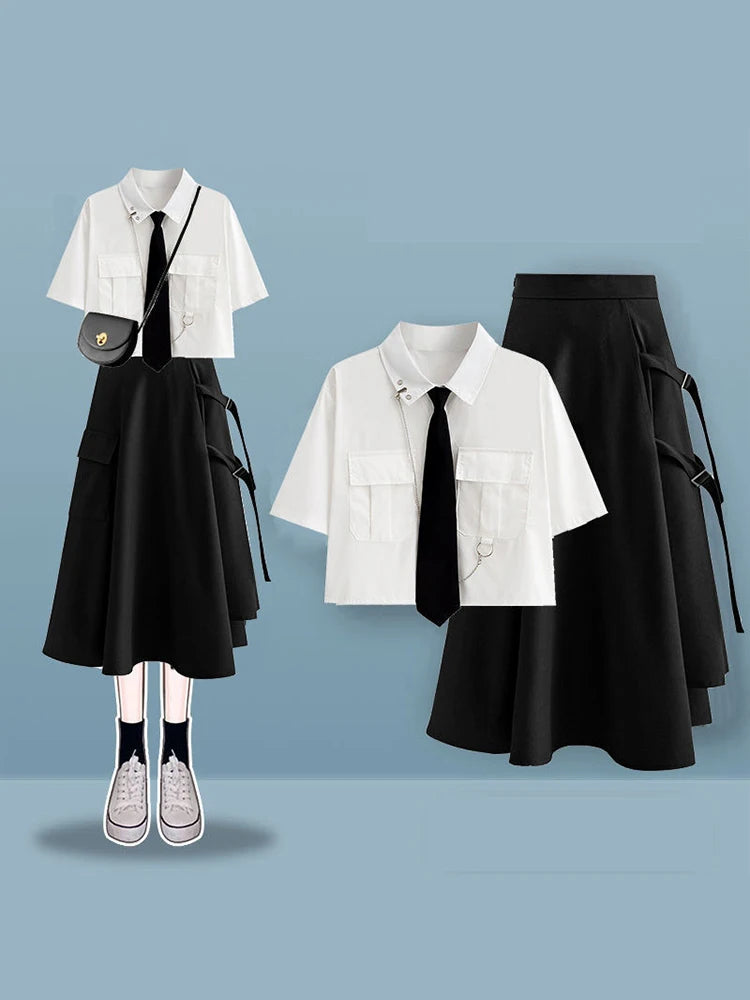 Xgoth Sweet Cool Suit Female Preppy Korean Loose High Street Short-sleeve Workwear Shirt + Half Body Skirt Women Black 2pcs Set - Seprincess